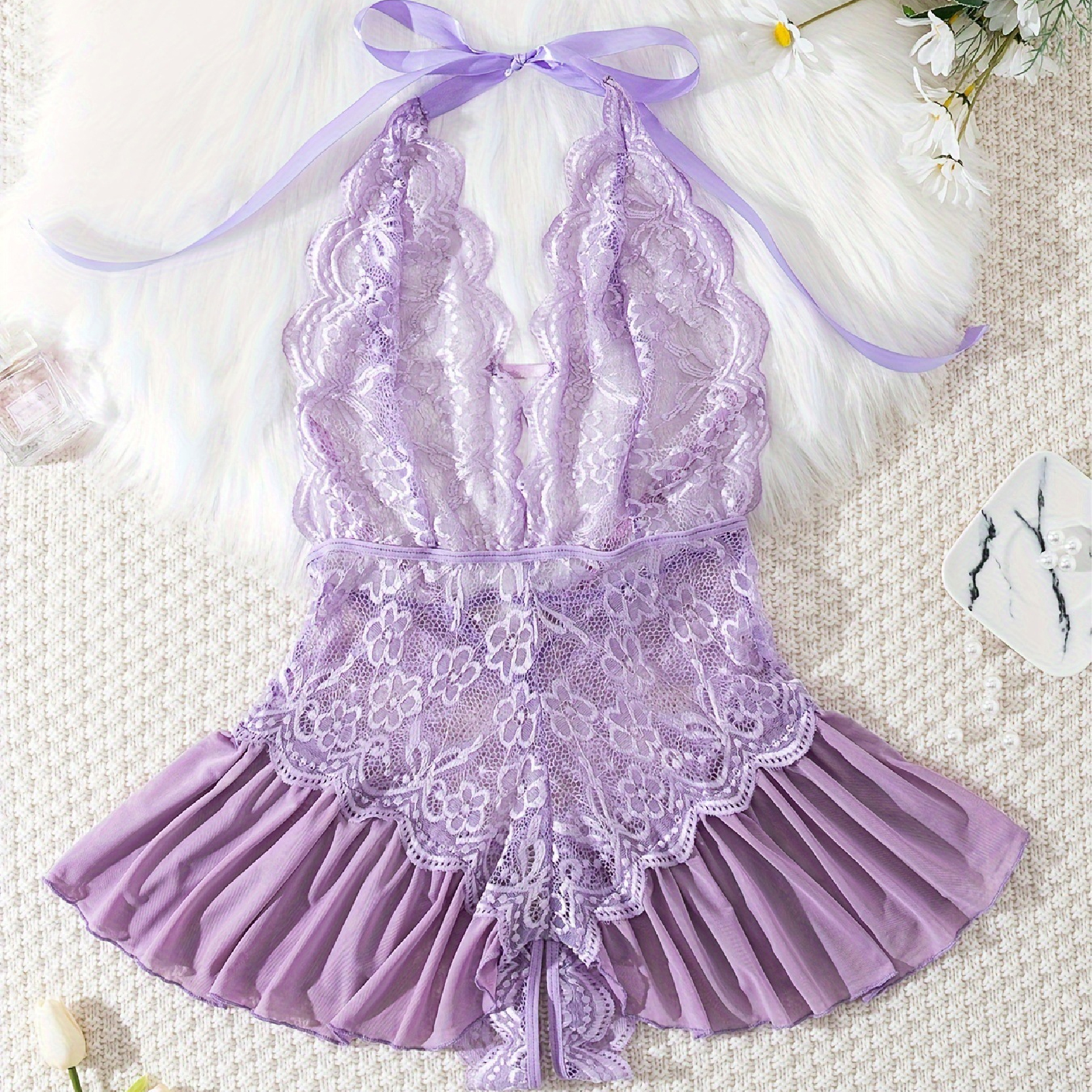 Qiq's Love Lace Halter Lingerie Set Sexy Sheer Mesh Nightwear Backless Sleepwear for Women