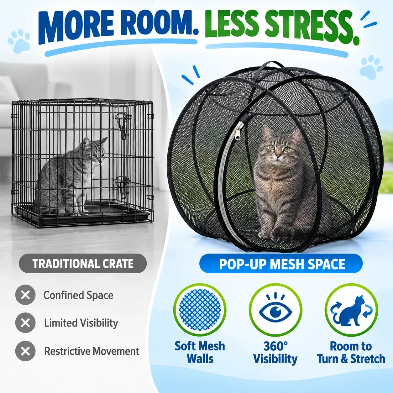 Cat enjoying more room with less stress inside the mesh enclosure
