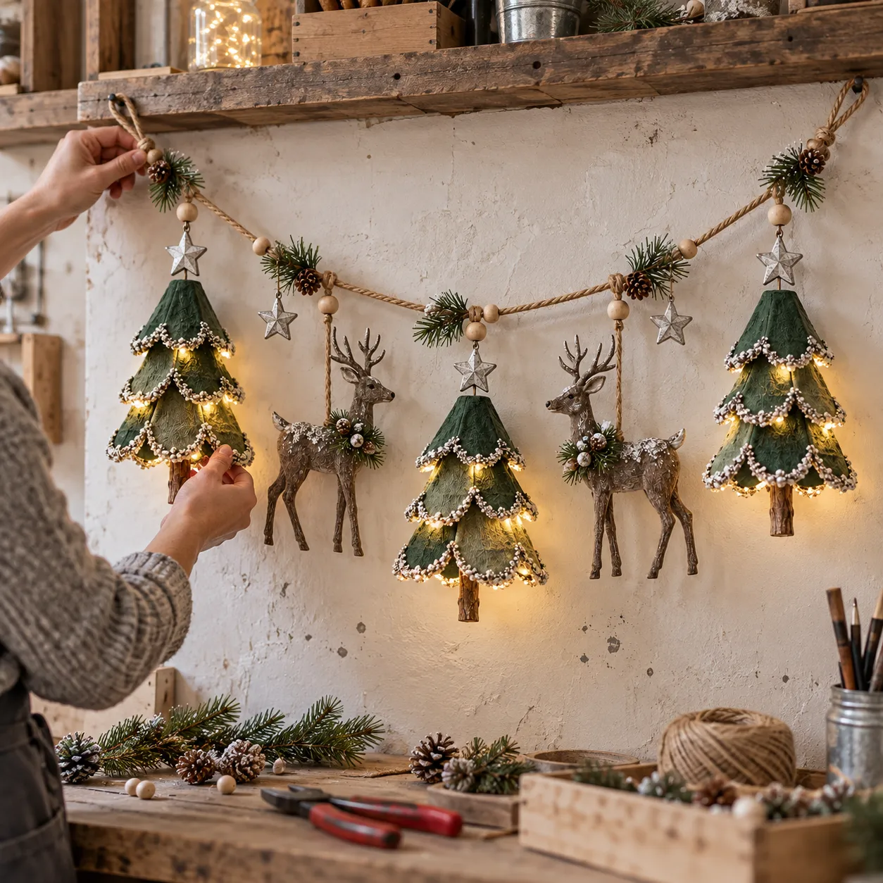 Person arranging the finished handmade woodland Christmas garland beneath a wooden shelf