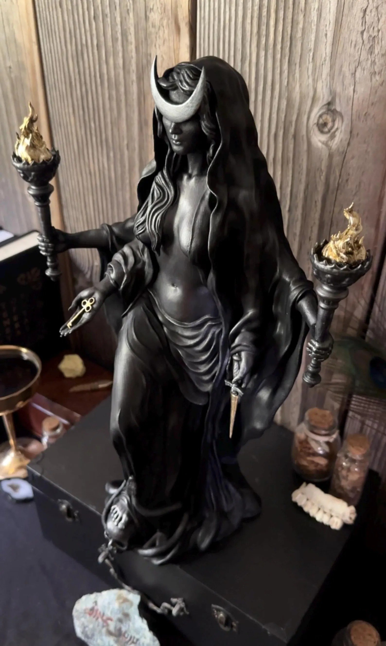 Hecate resin statue with symbolic base detail