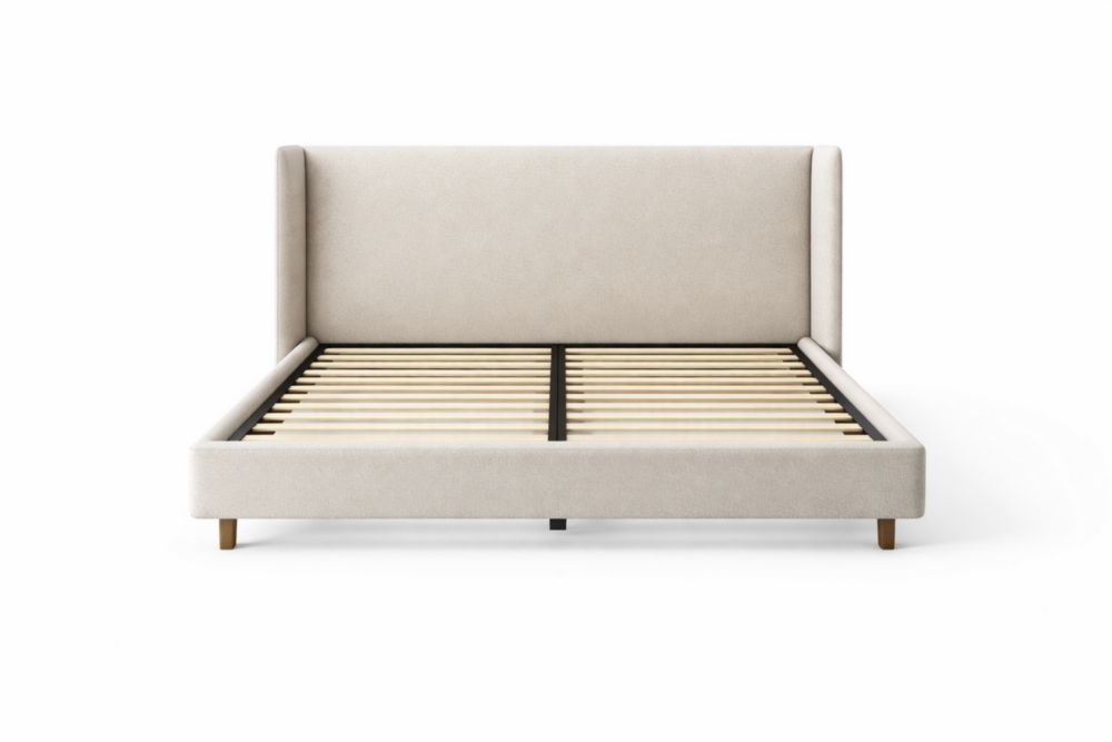 Structure de lit en tissu polyester beige et bois massif