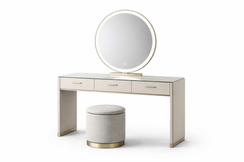Coiffeuse en Bois avec Miroir Rond et Tabouret Tissu Polyester Beige