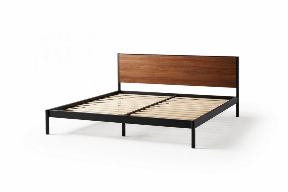 Structure de lit en métal noir avec tête en bois 140x200