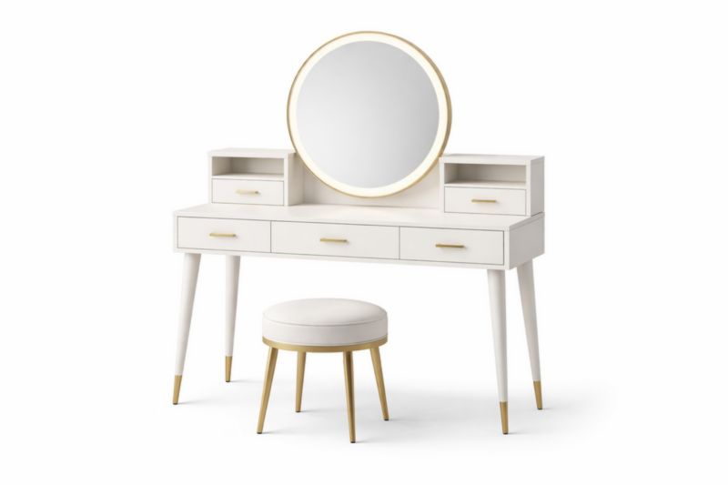 Coiffeuse en MDF avec miroir rond LED et tabouret en similicuir Blanc/Doré