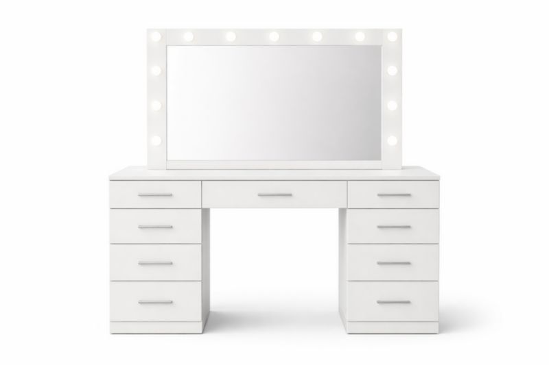 Coiffeuse en Bois Blanc Miroir avec Éclairage LED et Tiroirs