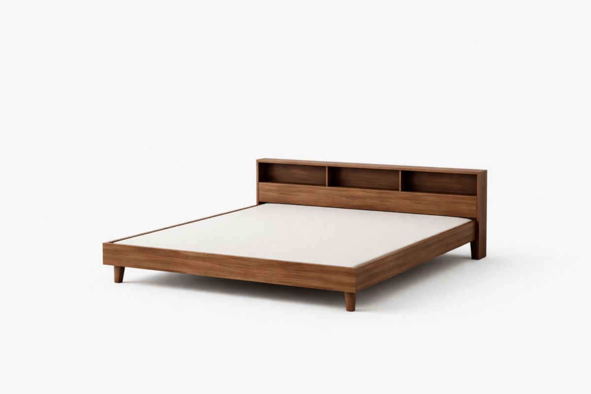 Structure de lit en bois massif de noyer avec tête de lit rangement