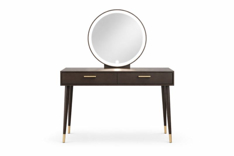 Coiffeuse en Bois avec Miroir Rond LED, Marron Foncé