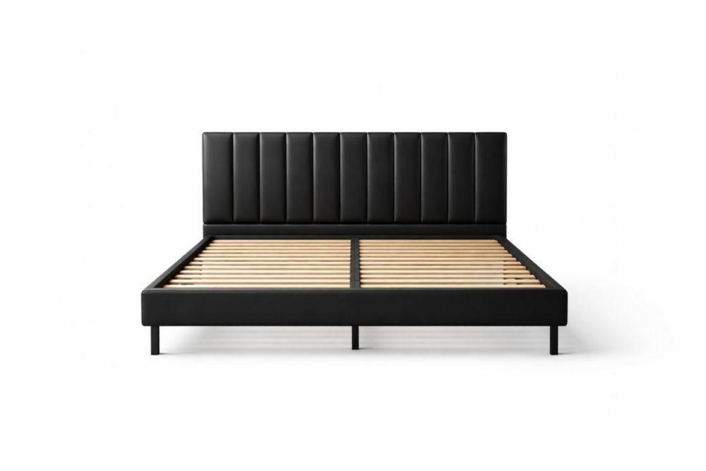 Structure de lit en cuir synthétique noir avec lattes en bois