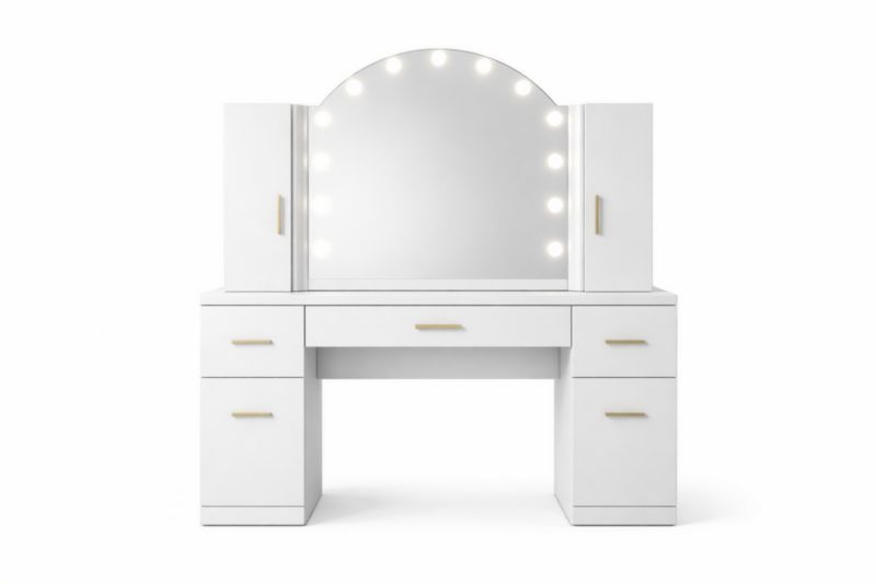 Coiffeuse blanche avec miroir LED en panneaux de particules