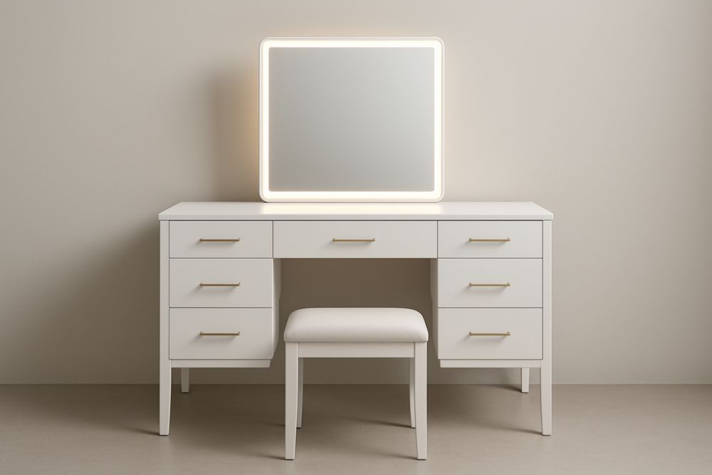 Coiffeuse en Panneaux de fibres de bois avec miroir LED et tabouret blanc