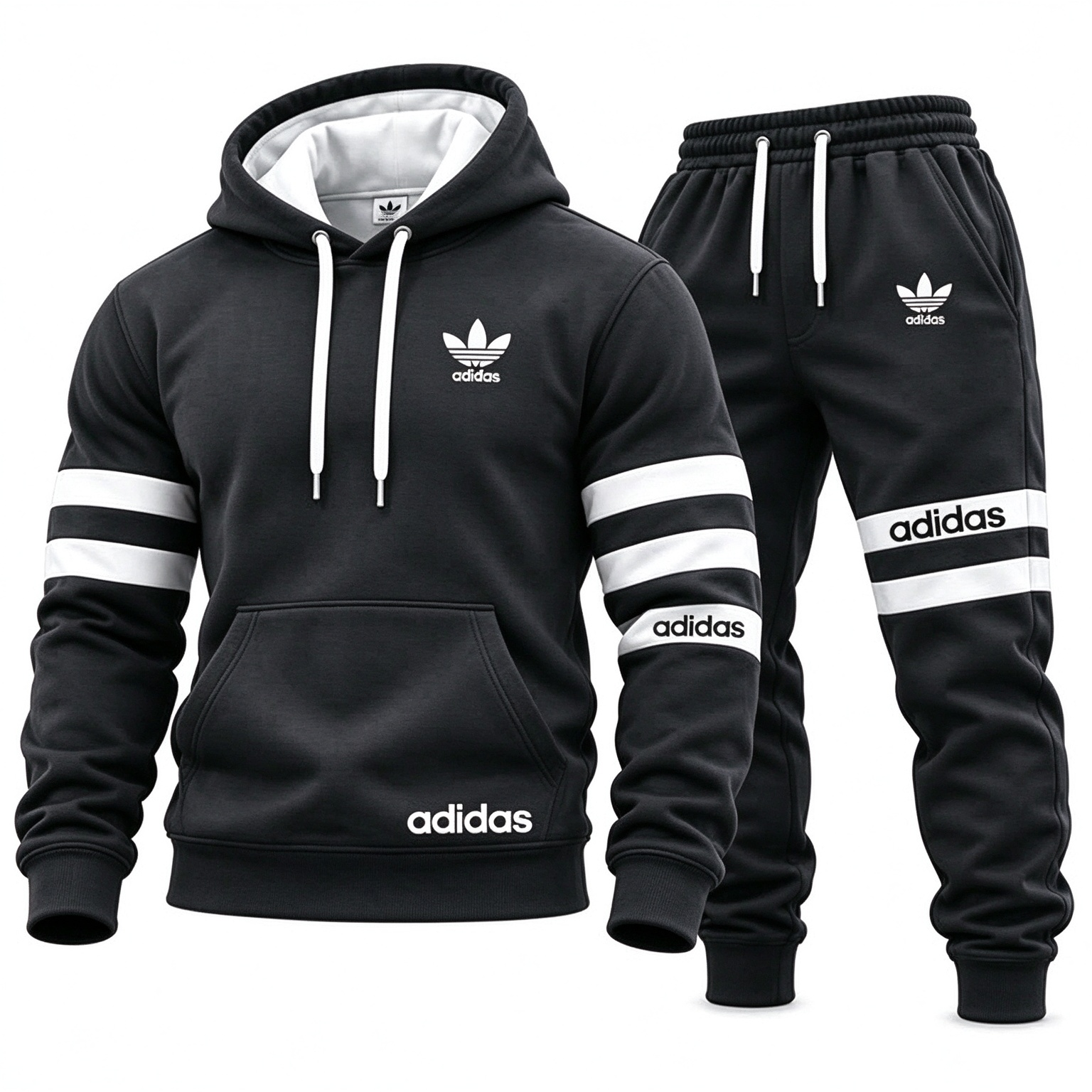 adidas Férfi kapucnis szabadidőruha szett, fekete csíkos sportruha