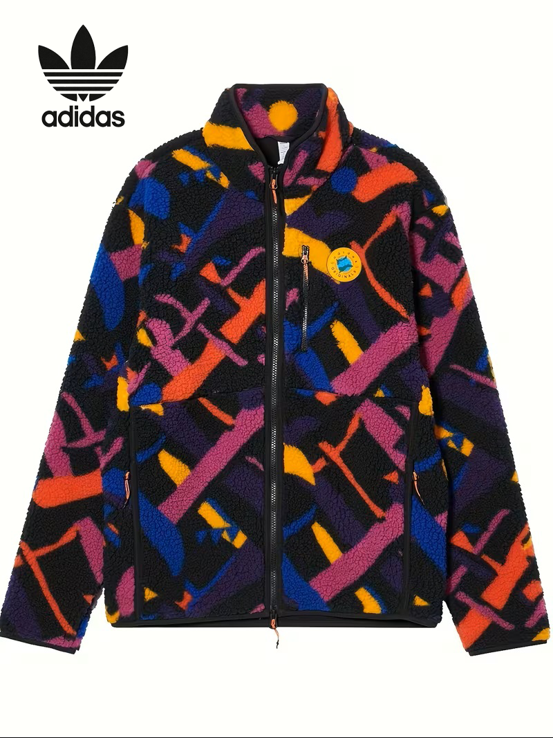 Adidas férfi Color-Block Jacket II8478 - Vibrant Purple, Blue, Yellow és Orange Patchwork Design, V-nyak, cipzáras, hosszú ujjak, normál szabás tavaszi/őszi hétköznapi viselet, tavaszi külsőruházat, sportos stílus, tartós anyag