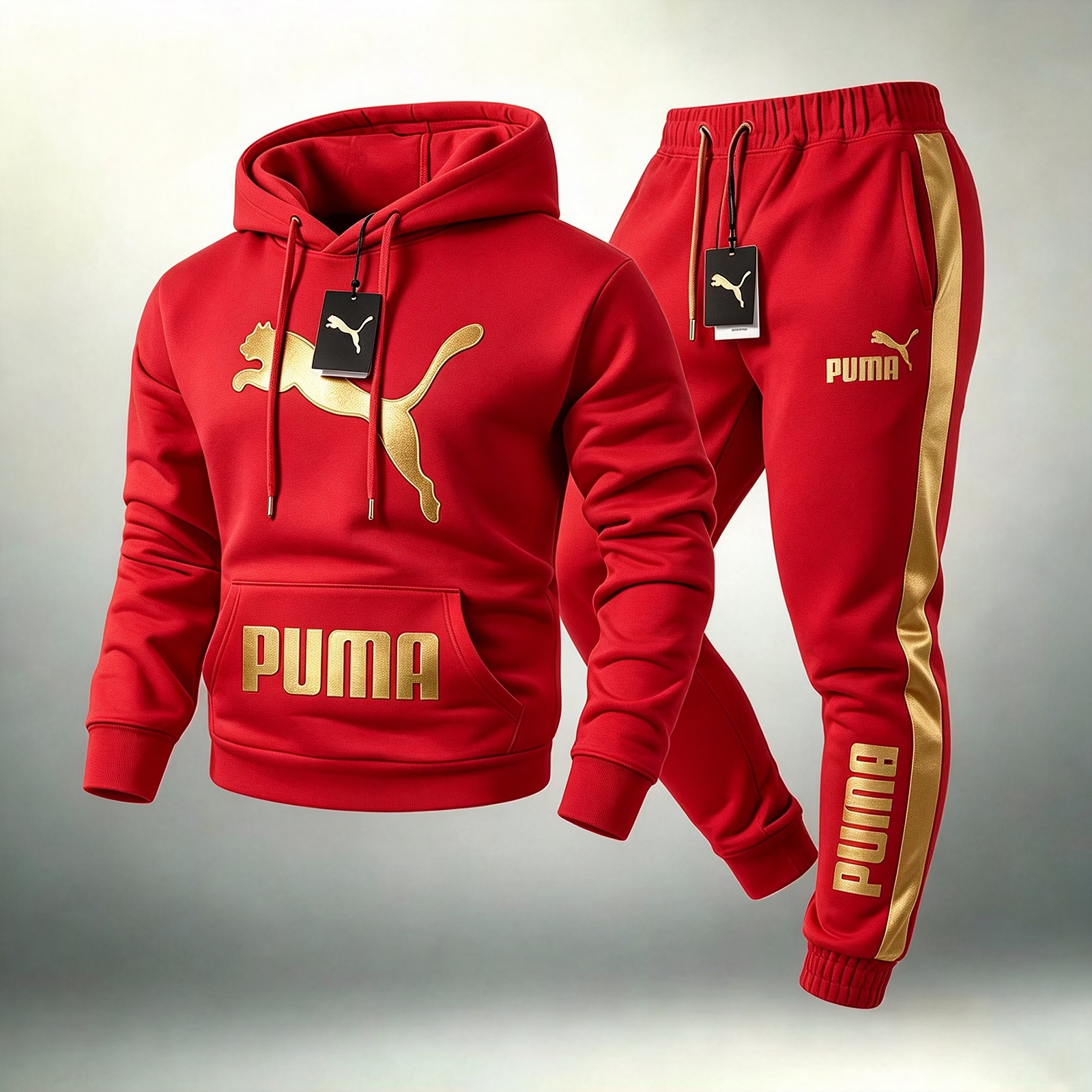 PUMA melegítőszett – kapucnis felső és melegítőnadrág aranyszínű márkajelzéssel –, amely tökéletes választás a mindennapokra.