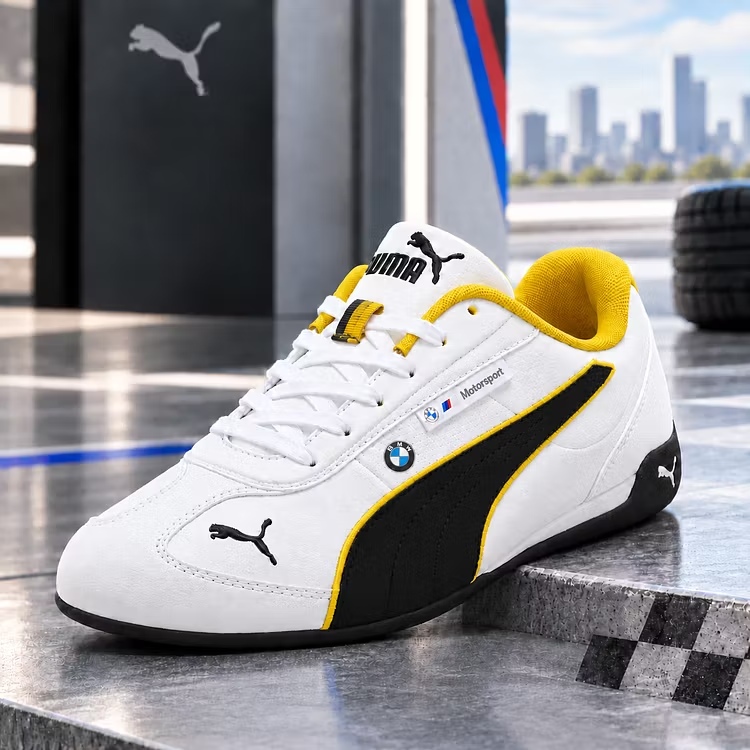 Puma Motorsport cipő, alacsony profilú, lapos gumitalpú, versenyzői stílusú.