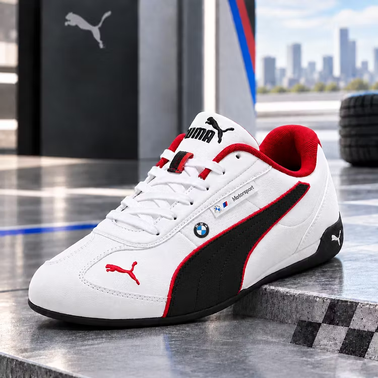 Puma Motorsport cipő, alacsony profilú, lapos gumitalpú, versenyzői stílusú.