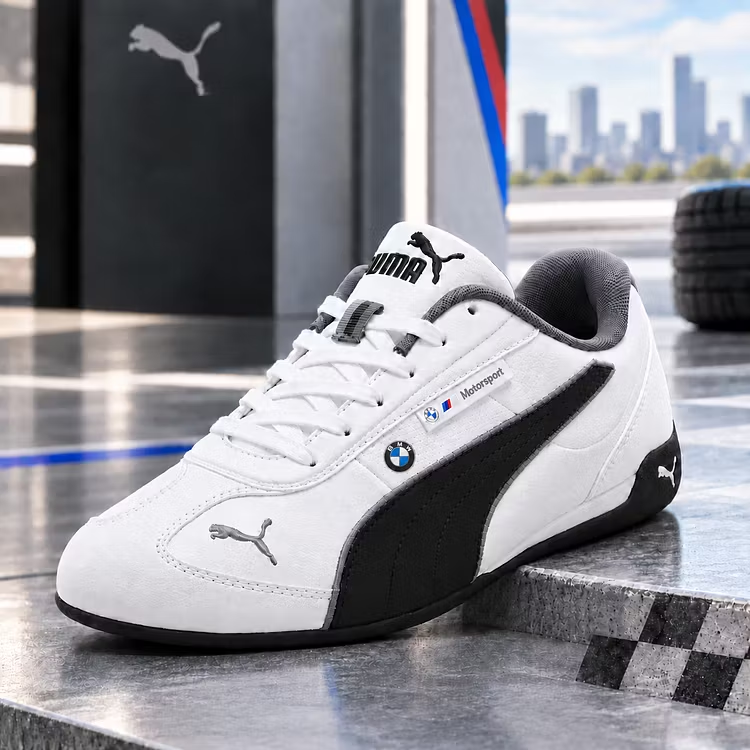 Puma Motorsport cipő, alacsony profilú, lapos gumitalpú, versenyzői stílusú.