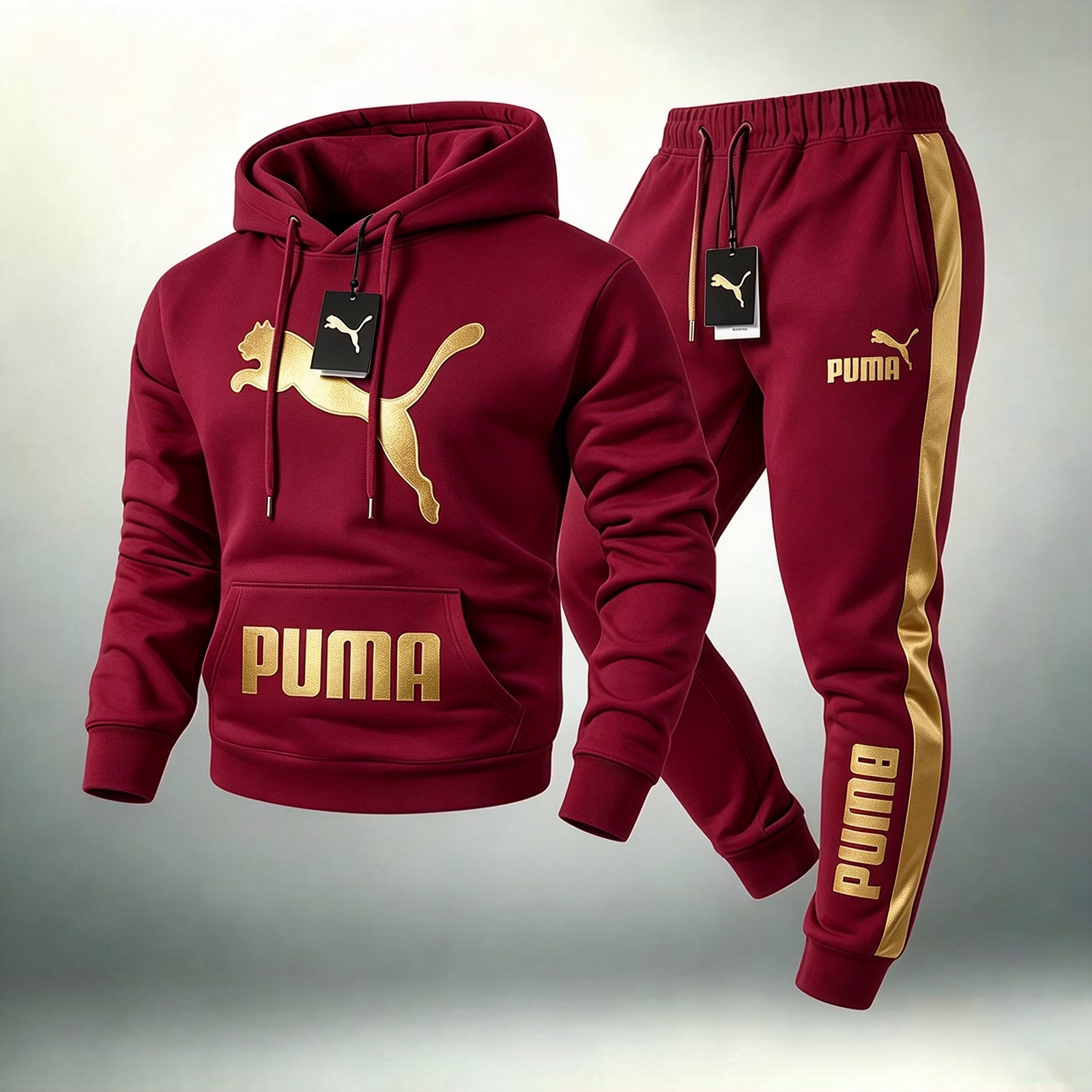 PUMA melegítőszett – kapucnis felső és melegítőnadrág aranyszínű márkajelzéssel –, amely tökéletes választás a mindennapokra.