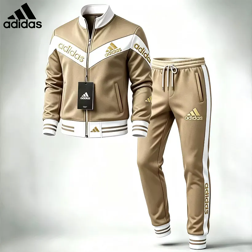 Prémium Adidas sportruházati szett, amely egy cipzáras felsőből és egy melegítőnadrágból áll – kifejezetten hétköznapi viseletre tervezve.
