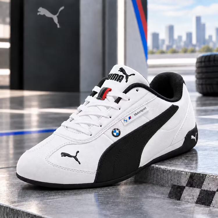 Puma Motorsport cipő, alacsony profilú, lapos gumitalpú, versenyzői stílusú.