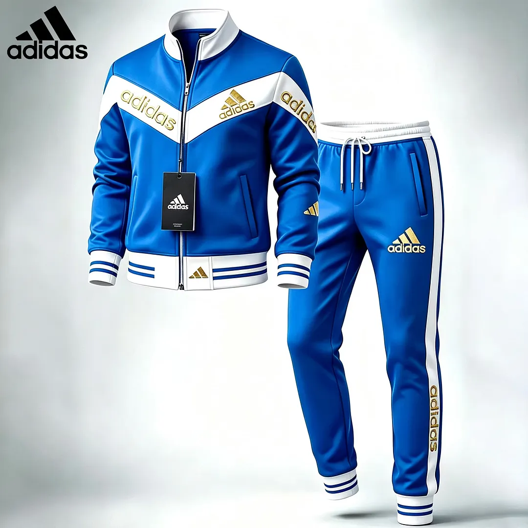 Prémium Adidas sportruházati szett, amely egy cipzáras felsőből és egy melegítőnadrágból áll – kifejezetten hétköznapi viseletre tervezve.