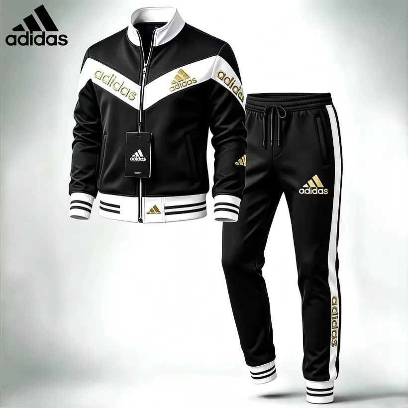 Prémium Adidas sportruházati szett, amely egy cipzáras felsőből és egy melegítőnadrágból áll – kifejezetten hétköznapi viseletre tervezve.