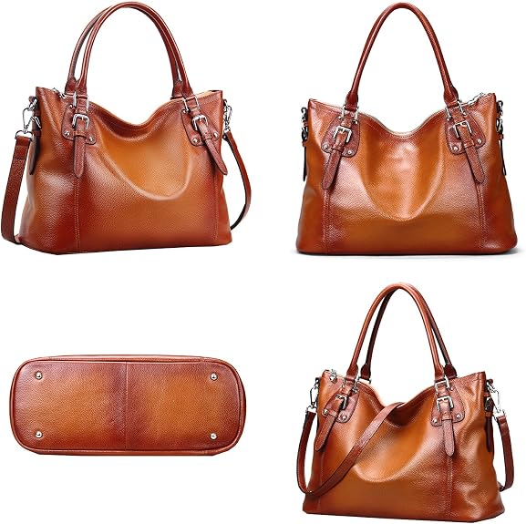 Brown leather tote handbag shown in four views: front-left angle with crossbody strap, front view, bottom view showing metal feet, and three-quarter angle. Features dual top handles, buckle accents, and silver-toned hardware.