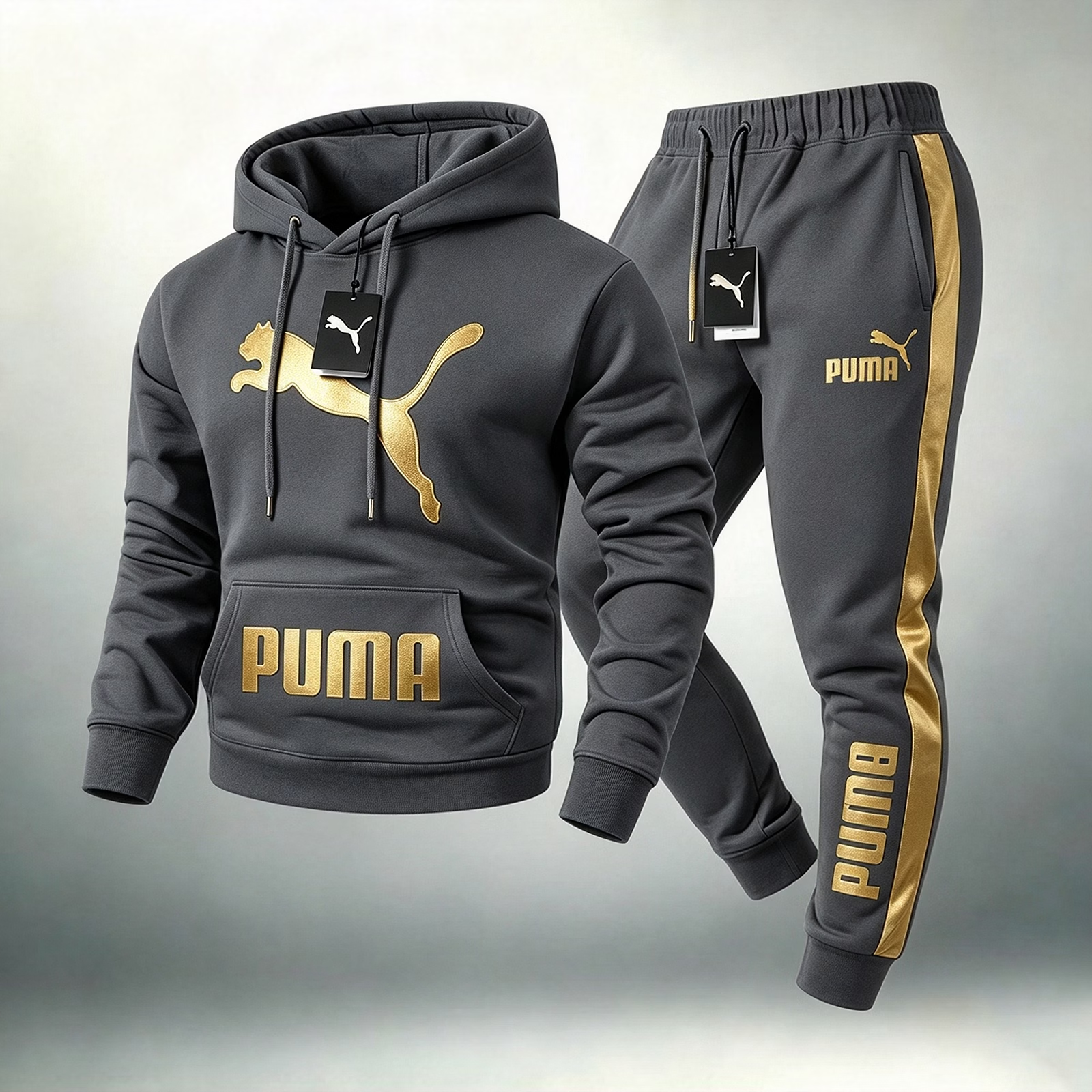 PUMA melegítőszett – kapucnis felső és melegítőnadrág aranyszínű márkajelzéssel –, amely tökéletes választás a mindennapokra.