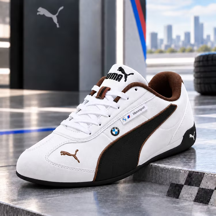 Puma Motorsport cipő, alacsony profilú, lapos gumitalpú, versenyzői stílusú.