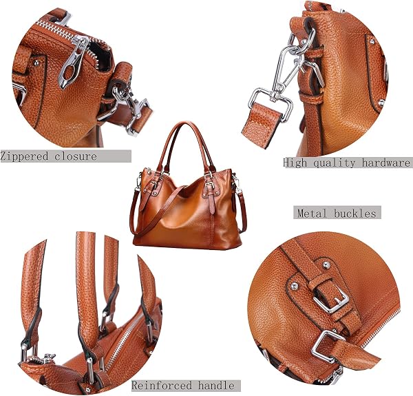 Brown leather tote handbag shown in a multi-panel detail view. Center image shows full bag with top handles and crossbody strap. Close-ups highlight zippered closure, silver-toned hardware, metal buckles, and reinforced handles.