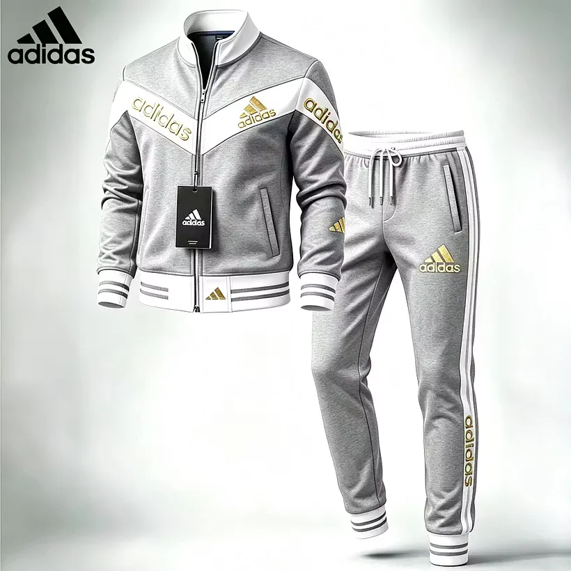 Prémium Adidas sportruházati szett, amely egy cipzáras felsőből és egy melegítőnadrágból áll – kifejezetten hétköznapi viseletre tervezve.