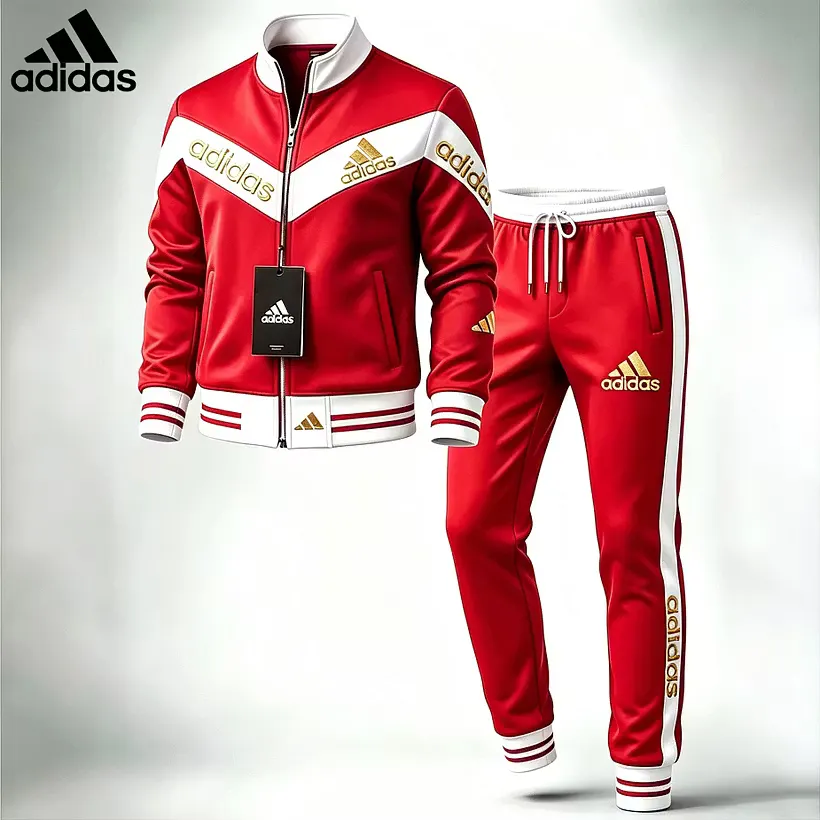 Prémium Adidas sportruházati szett, amely egy cipzáras felsőből és egy melegítőnadrágból áll – kifejezetten hétköznapi viseletre tervezve.