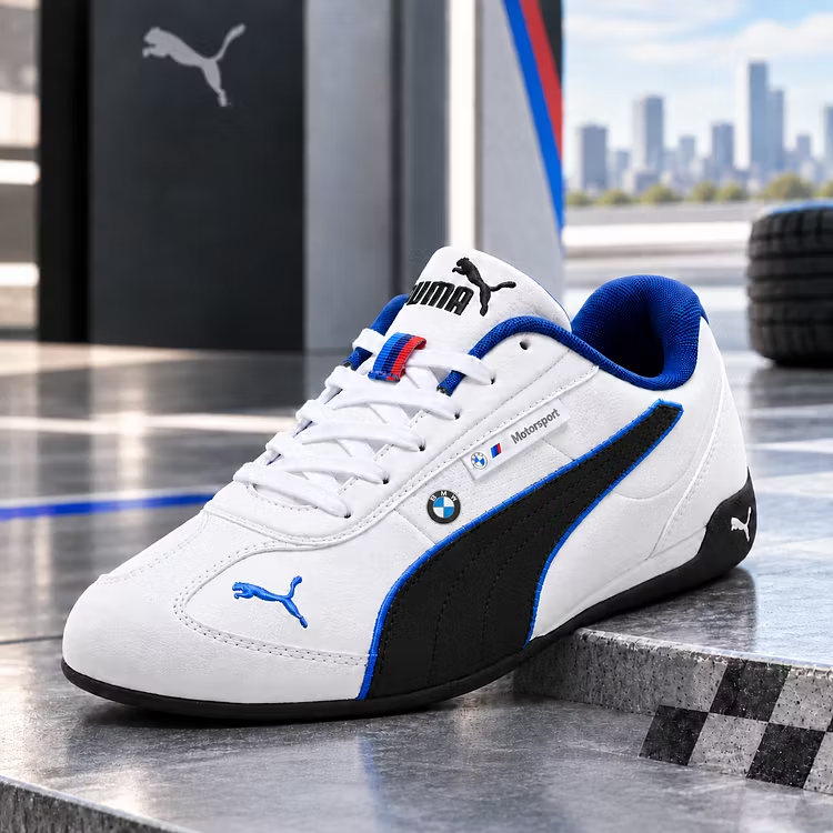 Puma Motorsport cipő, alacsony profilú, lapos gumitalpú, versenyzői stílusú.