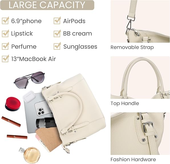 Infographic for a cream leather tote bag showing large capacity features: fits 13" MacBook Air, phone, sunglasses, and more. Three close-up panels highlight the removable strap, top handle, and silver fashion hardware.