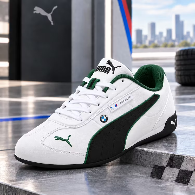 Puma Motorsport cipő, alacsony profilú, lapos gumitalpú, versenyzői stílusú.