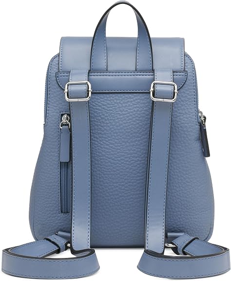 Back view of a medium-sized blue leather-textured backpack with two adjustable shoulder straps featuring silver-toned buckles, a short top carry handle, visible stitching, and a side zipper pocket.