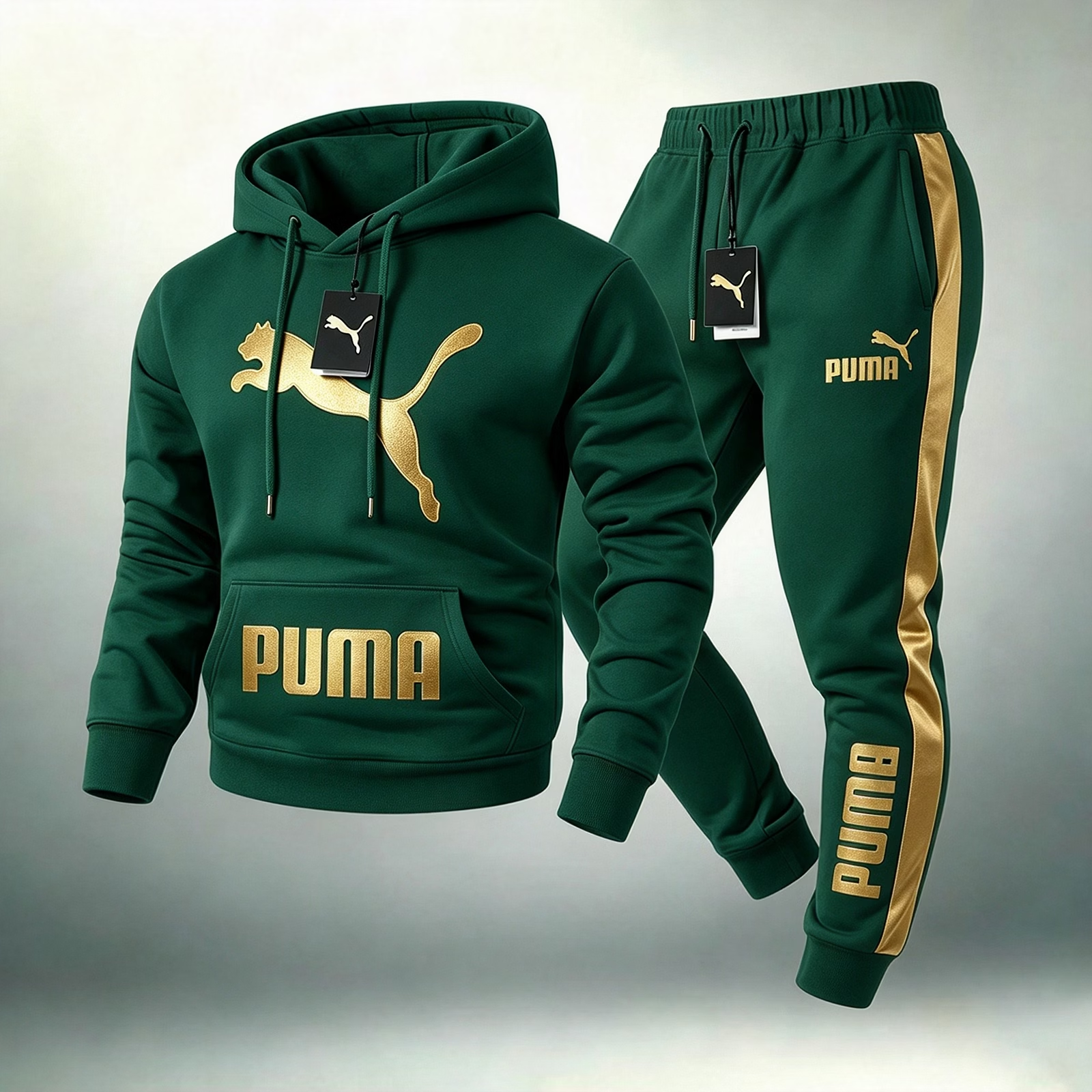 PUMA melegítőszett – kapucnis felső és melegítőnadrág aranyszínű márkajelzéssel –, amely tökéletes választás a mindennapokra.