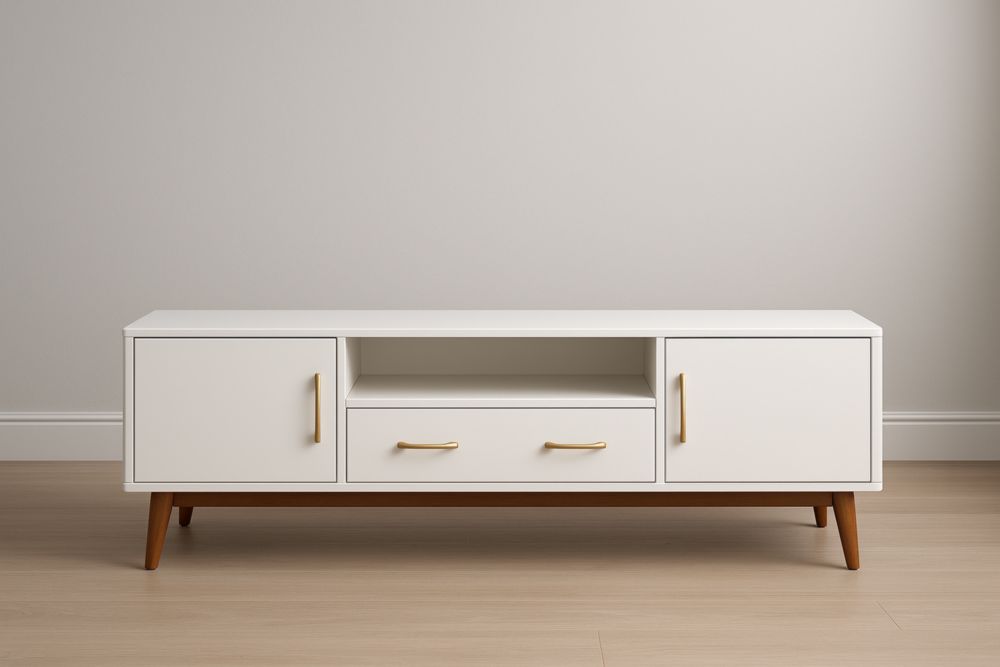 Meuble TV en MDF Blanc avec Poignées en Métal