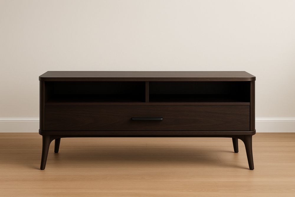 Meuble TV en bois brun avec tiroir et compartiments ouverts 120x40x50 cm