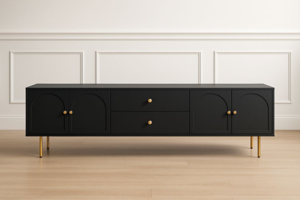 Meuble TV en MDF et métal noir avec poignées dorées