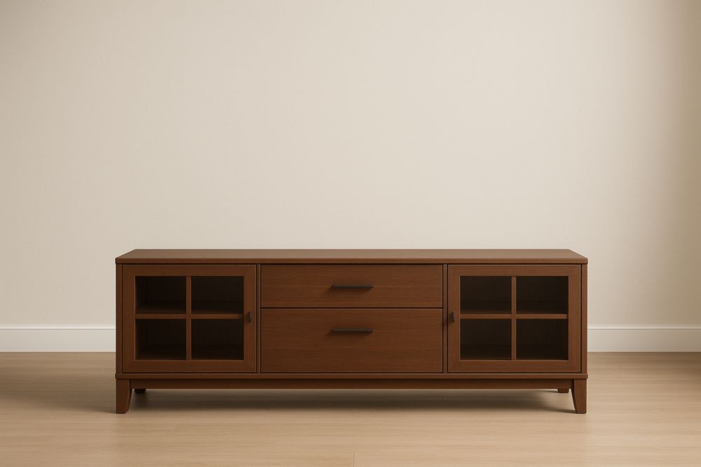Meuble TV en bois avec portes vitrées et tiroirs