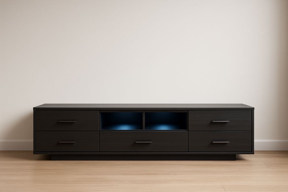 Meuble TV en bois noir avec tiroirs et étagères 180x45x40 cm