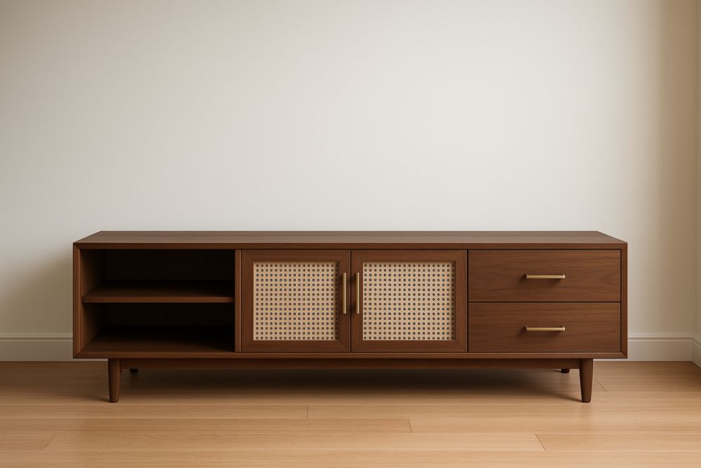 Meuble TV en bois avec portes en rotin et tiroirs marron 140x40x50 cm