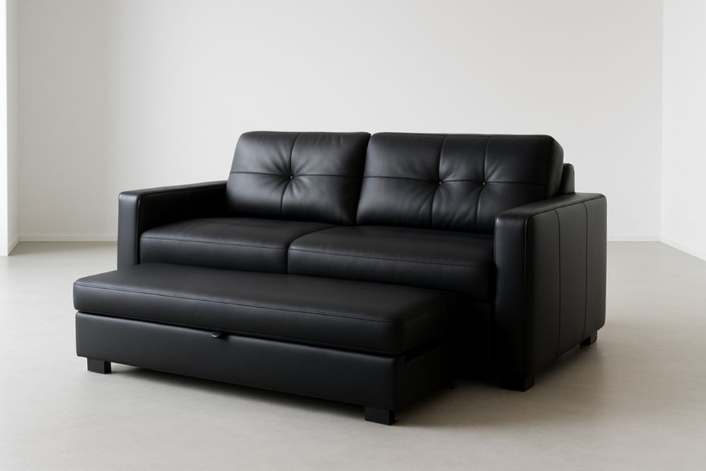 Canapé 2 places en cuir synthétique noir avec repose-pied intégré