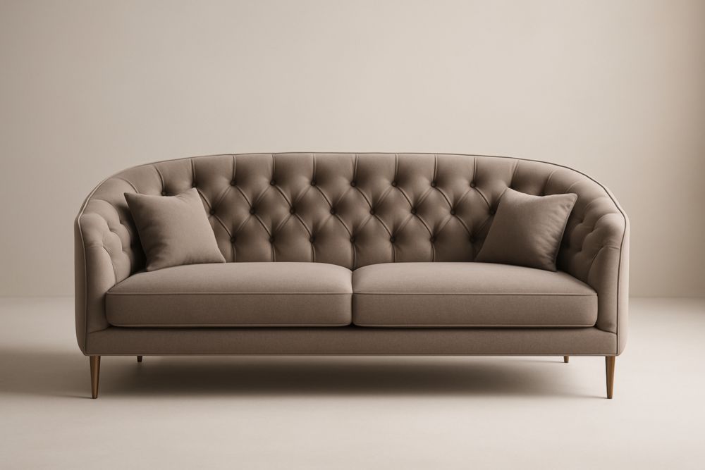 Canapé en tissu polyester taupe, canapé long avec capitonnage et pieds en bois de hêtre