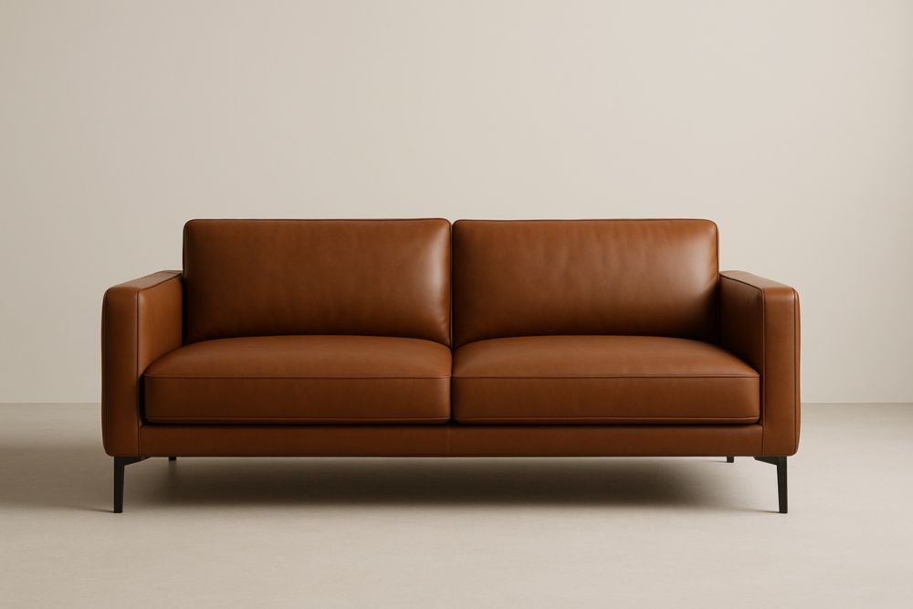 Canapé 2 places en cuir brun avec structure en acier, longueur 180 cm