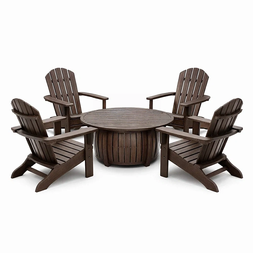 Salon de jardin en bois brun avec table ronde et chaises Adirondack-DREAM HAVEN PLACE