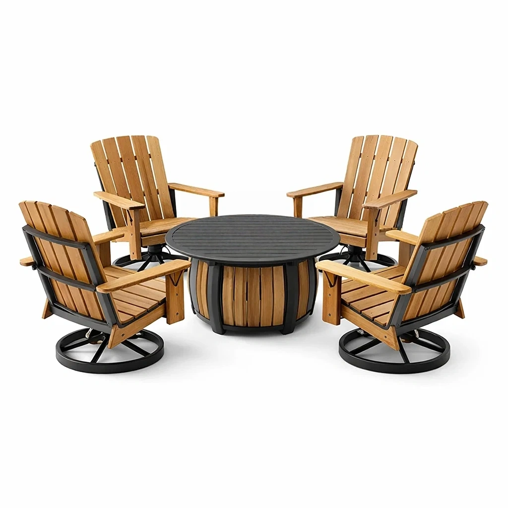 Salon de jardin en bois et métal noir avec table ronde et 4 fauteuils-DREAM HAVEN PLACE