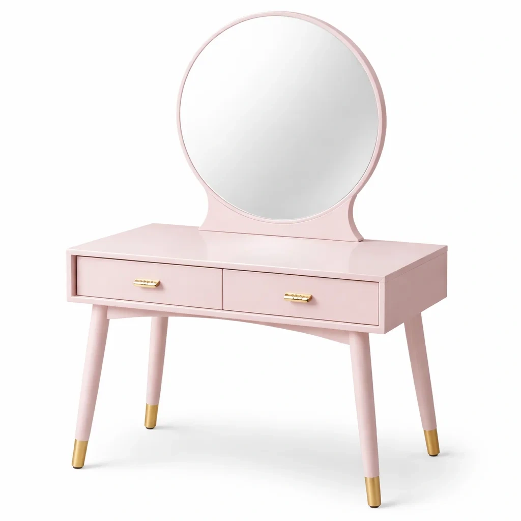 Coiffeuse en bois avec miroir rond et 2 tiroirs rose-DREAM HAVEN PLACE