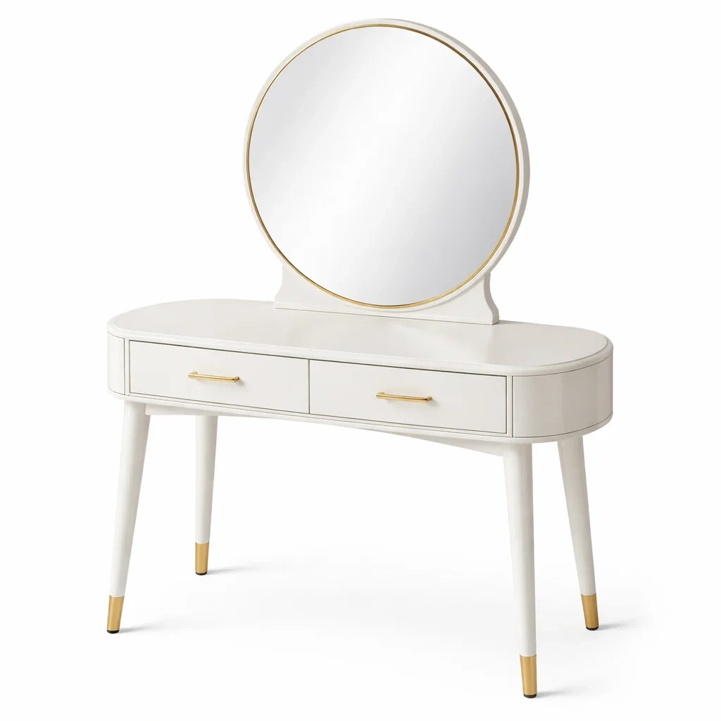 Coiffeuse blanche avec miroir rond et pieds en bois-DREAM HAVEN PLACE