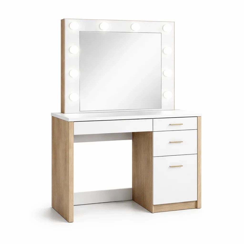 Coiffeuse blanc et bois avec miroir éclairé LED et tiroirs-DREAM HAVEN PLACE